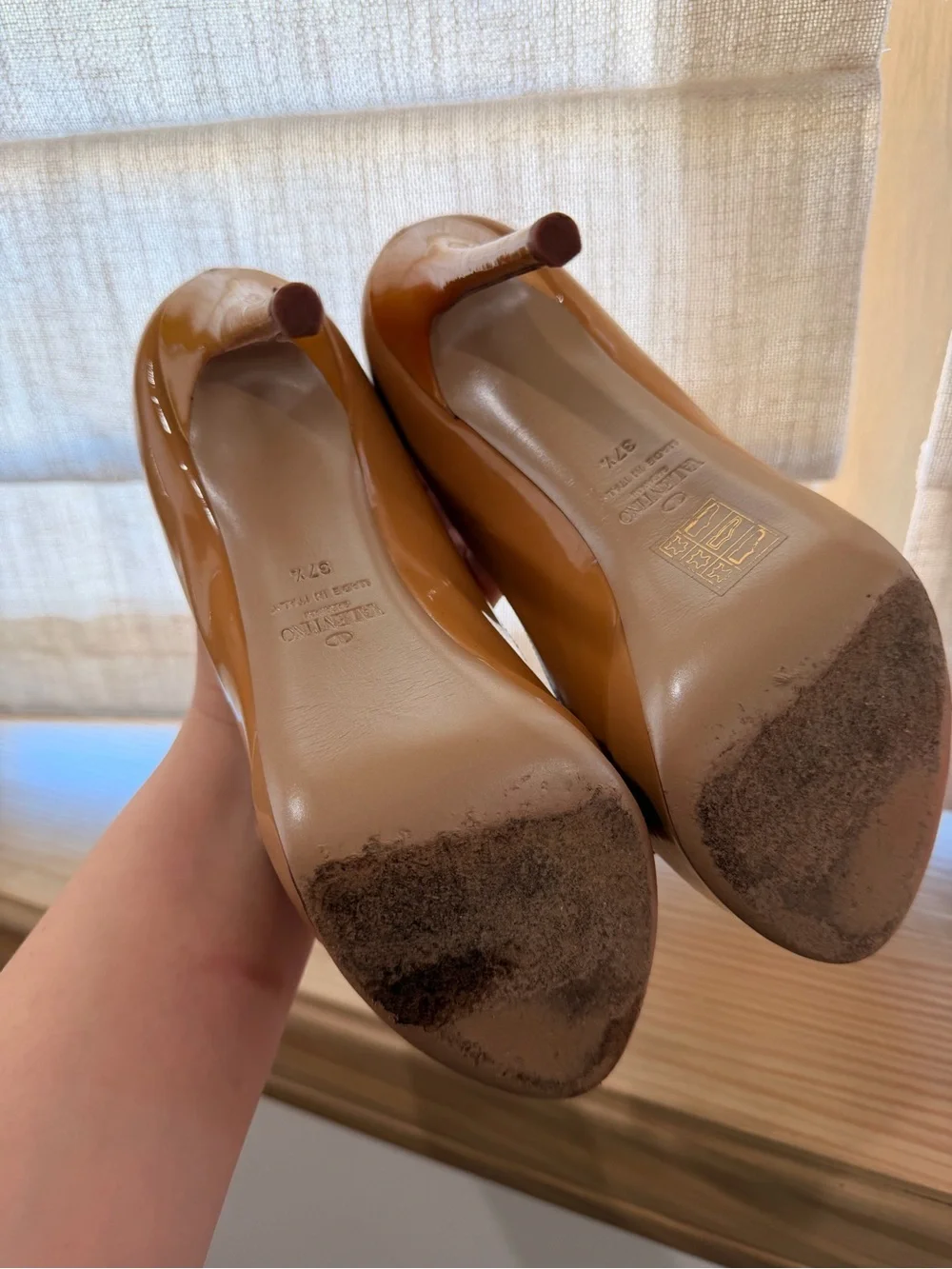 Valentino Garavani Tan Patent Peep-Toe Platform Pumps with Bow